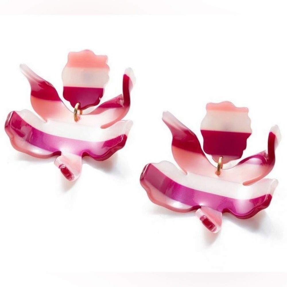 Lele Sadoughi Paper Lily Flower Acetate Hand Swirl Burgundy Stripe Earrings EUC